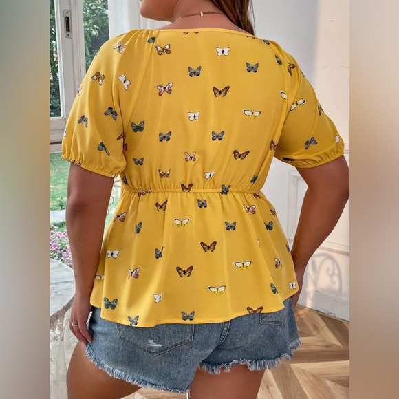 Shein Curve 4XL Yellow Butterfly Print Tie Front Puff Sleeve Peplum Blouse NWOT - Picture 3 of 10